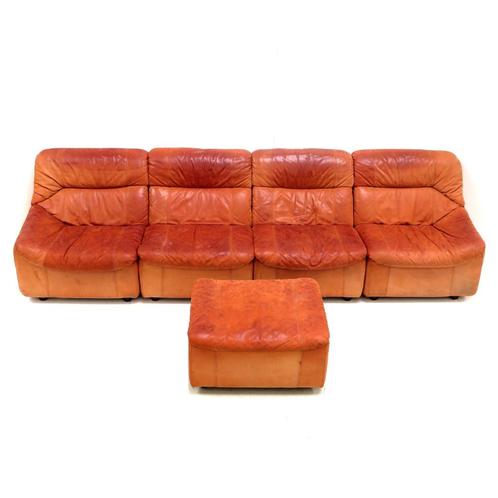 Vintage bank elementenbank in cognac leer met poef jaren 60, Huis en Inrichting, Zetels | Complete zithoeken, Leer, Ophalen of Verzenden