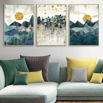 Trio d'affiches d'œuvres d'art abstrait + cadre IKEA doré
