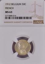 Belgium 50 Cents 1912 UNC MS63, Postzegels en Munten, Verzenden, Zilver, Losse munt, Zilver