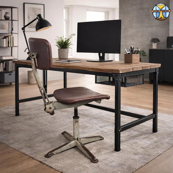 Vintage Skai/Metaal Verstelbare Industriële Bureaustoel (40s, Huis en Inrichting, Bureaustoelen, Gebruikt, Bureaustoel, Bruin