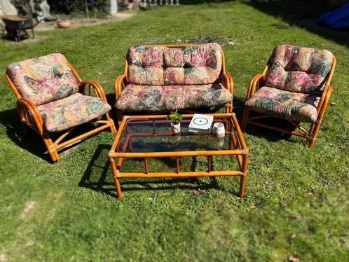 Vintage Rotan Loungeset met Salontafel, Tuin en Terras, Tuinsets en Loungesets, Gebruikt, Loungeset, Rotan, Ophalen