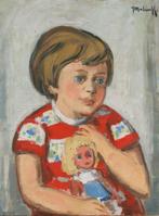 Jo Malcorps (1929-2019): Meisje met pop (O/D, 60 x 75 cm), Antiek en Kunst, Ophalen of Verzenden