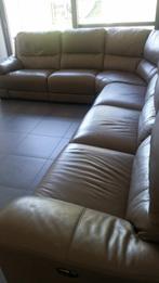 Beige leren zetel met 2 elektrice relax stoelen, Ophalen, Overige maten, Hoekbank, Leer