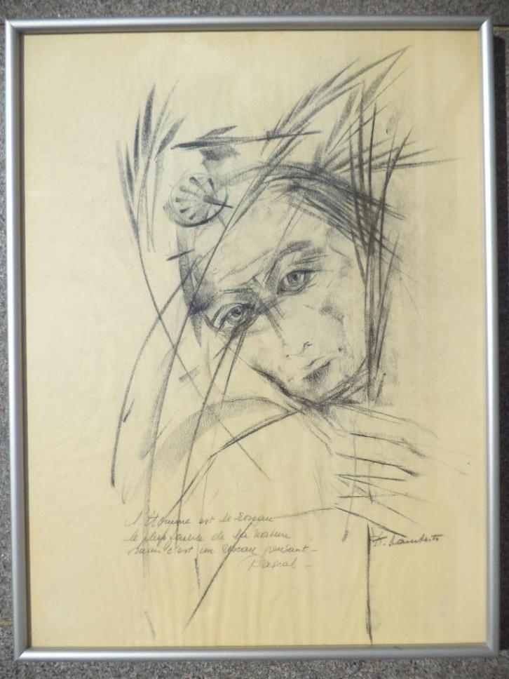 houtskool fusain D. LAMBERTS 'L' homme est le roseau' Pascal, Antiek en Kunst, Kunst | Schilderijen | Modern, Ophalen of Verzenden