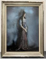 huile sur panneau femme en robe signe marcel delmotte, Antiek en Kunst, Ophalen of Verzenden