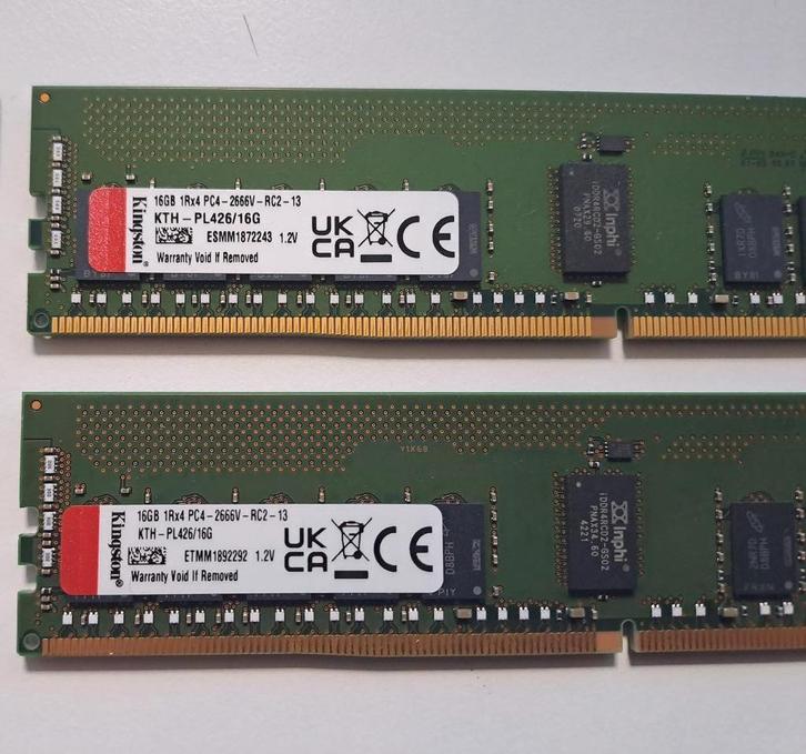 2X16GB RAM KINGSTON Ddr4-2666MHz ECC Modules (kth-pl426/16g), Computers en Software, RAM geheugen, Zo goed als nieuw, Server, 16 GB