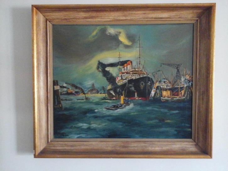 MOOI OUD MARITIEM OLIE VERF SCHILDERIJ OP DOEK "HAVENZICHT", Antiek en Kunst, Kunst | Schilderijen | Klassiek, Ophalen