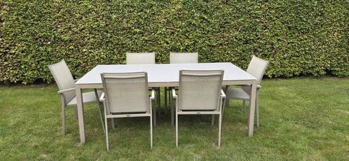 Tuintafel 2m x 1m met 6 stoelen, Tuin en Terras, Tuinsets en Loungesets, Gebruikt, Aluminium, Ophalen