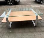 Salontafel van glas en licht hout, Huis en Inrichting, Tafels | Salontafels, Ophalen, Gebruikt, 100 tot 150 cm, 50 tot 100 cm
