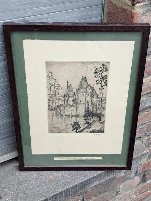 gravure le vieux chateau restaure de beersel de jehan frison, Antiek en Kunst, Kunst | Etsen en Gravures, Ophalen of Verzenden