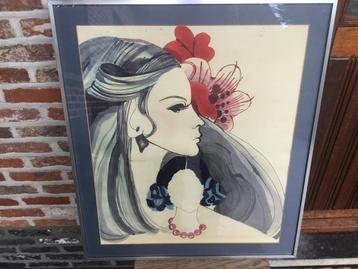 Gemengde techniek/Meisje met breiwol. Afmeting:72x63cm.  beschikbaar voor biedingen