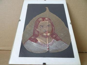 Jezus Christus geschilderd op blad boomblad 13x18cm 1980 beschikbaar voor biedingen