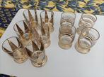 6 + 4 verres à liqueur en cristal, triangles / rayures or, Ophalen of Verzenden, Zo goed als nieuw, Kristal, Glas of Glazen