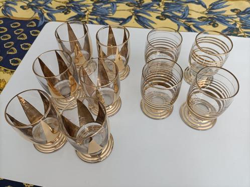 6 + 4 verres à liqueur en cristal, triangles / rayures or, Verzamelen, Porselein, Kristal en Bestek, Zo goed als nieuw, Glas of Glazen