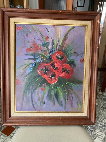 Vintage schilderij Papavers. Olieverfschilderij. 64,5x54,5 beschikbaar voor biedingen
