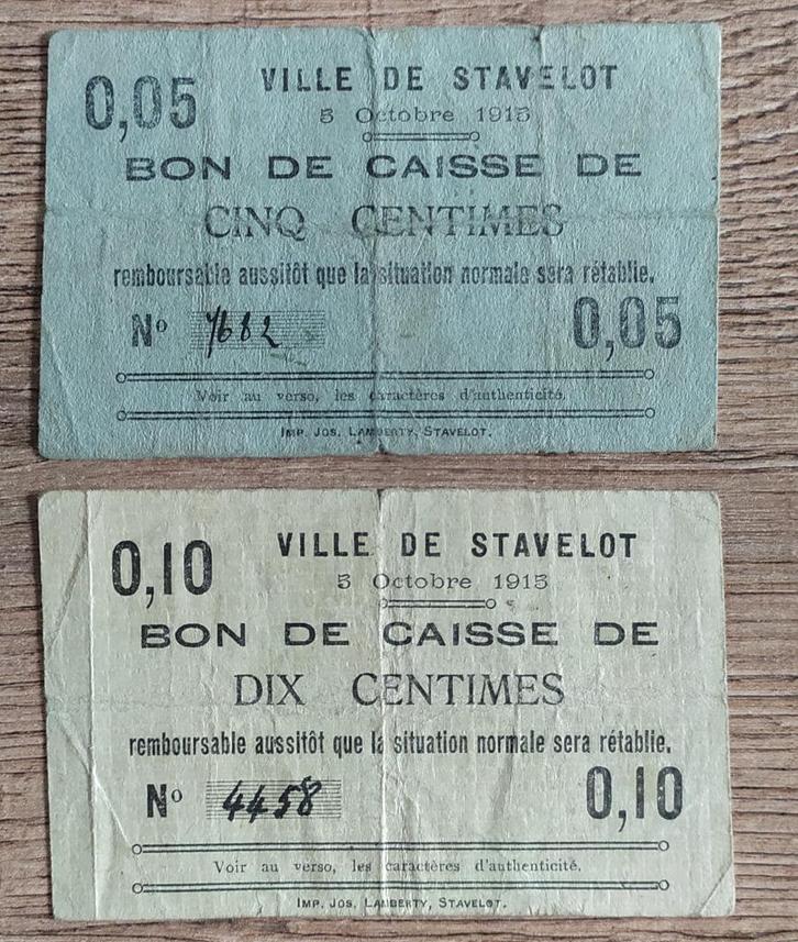 5 + 10 centimes Stavelot 1915 - Noodgeld, Verzamelen, Militaria | Algemeen, Overige soorten, Kunstobject, Ophalen of Verzenden