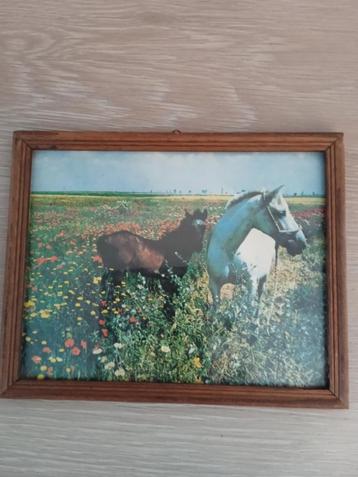 Vintage houten kader met paarden prent in beschikbaar voor biedingen