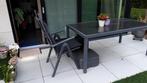 Tuintafel blad in zwart glas + 4 stoelen maat tafel1,70 95, Ophalen, Gebruikt