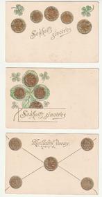 Lot 3  kaarten afbeelding Munten relief klavertje 4, Verzenden, Ongelopen, Overige thema's
