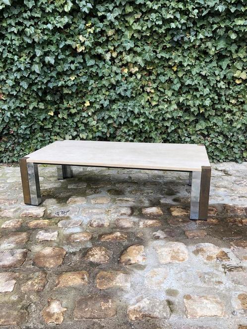 Salontafel travertin met chroom en messing poten, Huis en Inrichting, Tafels | Salontafels, Zo goed als nieuw, Minder dan 50 cm