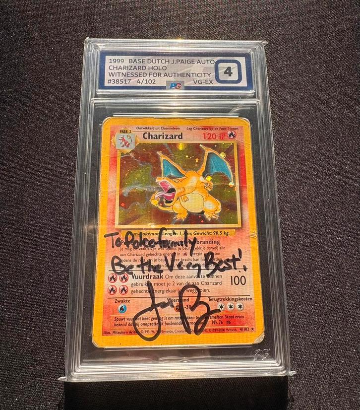1999 Base Set Dutch Charizard Holo – Signed by Jason Paige, Hobby en Vrije tijd, Verzamelkaartspellen | Pokémon, Gebruikt, Losse kaart