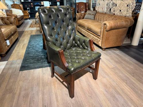originele engelse chesterfield fauteuil groen buttonseat, Antiek en Kunst, Antiek | Meubels | Stoelen en Sofa's, Ophalen of Verzenden