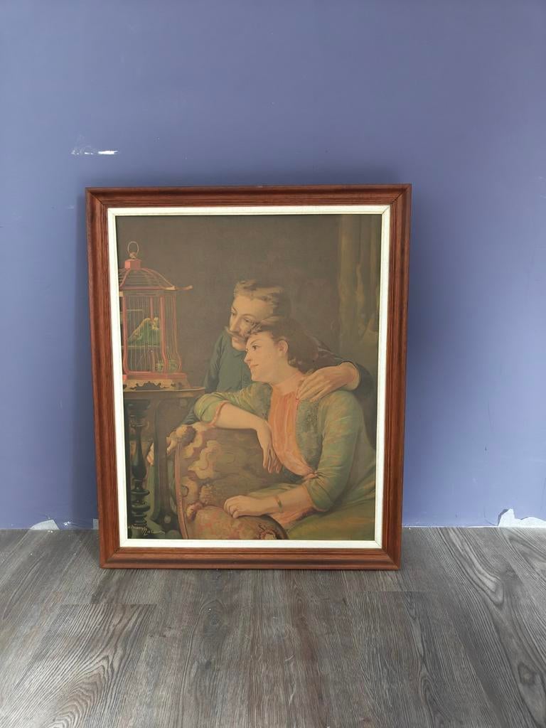 Klassiek romantische kunstwerk in houten lijst, Antiek en Kunst, Ophalen of Verzenden