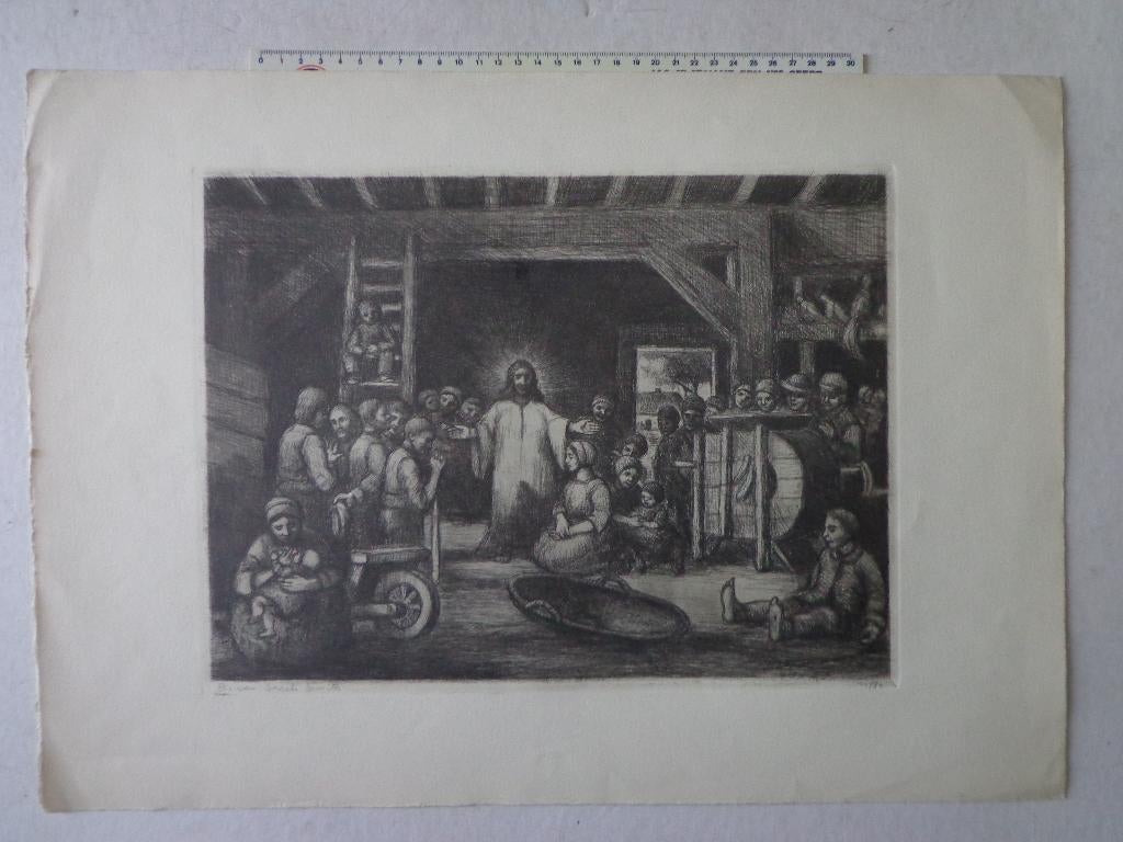 Grote ets Jakob Smits "Christus predikend in de schuur", Antiek en Kunst, Kunst | Etsen en Gravures, Ets, Genummerd, Religie, 1950 - 1999