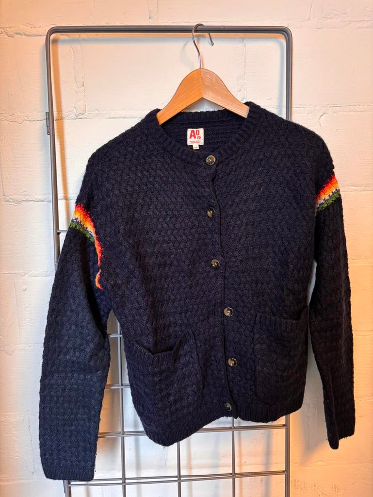 Blauwe wollen cardigan AO76 - 14 jaar, Ophalen of Verzenden, Zo goed als nieuw