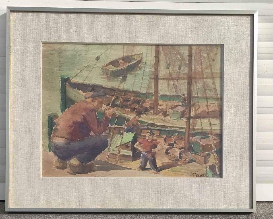 aquarelle pecheur signe max legout, Ophalen of Verzenden