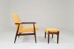 Fauteuil vintage jaune pastel velours côtelé et repose pieds, Ophalen of Verzenden
