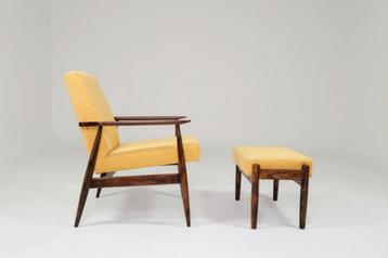 Fauteuil vintage jaune pastel velours côtelé et repose pieds beschikbaar voor biedingen
