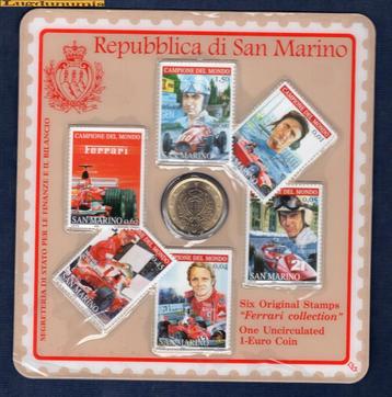 1 euro SAN MARINO munt + 6 originele FERRARI-stempels  beschikbaar voor biedingen
