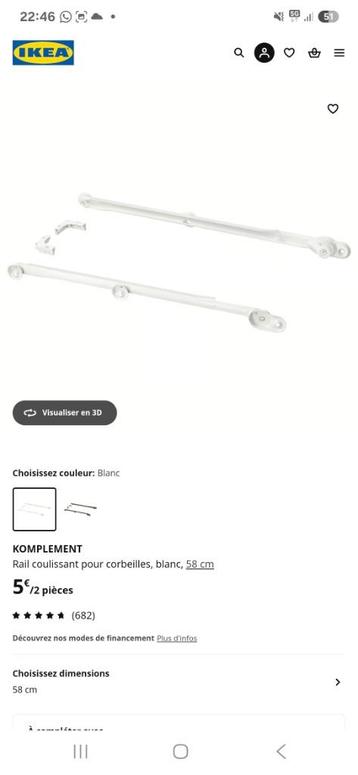 KOMPLEMENT Rail coulissant pour corbeilles, blanc, 58 cm, Enlèvement, Neuf