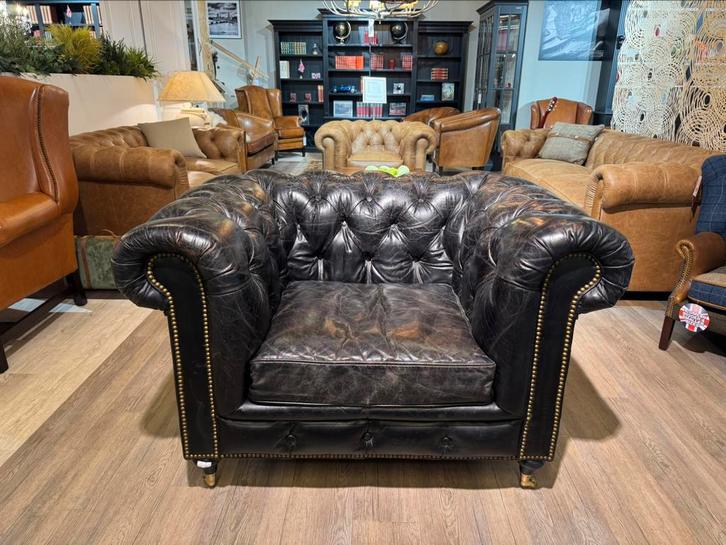 Chesterfield clubfauteuil Vintage Zwart Lifestyle zetel, Antiek en Kunst, Antiek | Meubels | Stoelen en Sofa's, Ophalen of Verzenden
