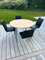 Table en hêtre extensible avec 4 chaises en cuir véritable, Comme neuf