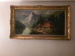 Groot Alpenlandschap schilderij met gouden lijst 138x80 cm, Ophalen