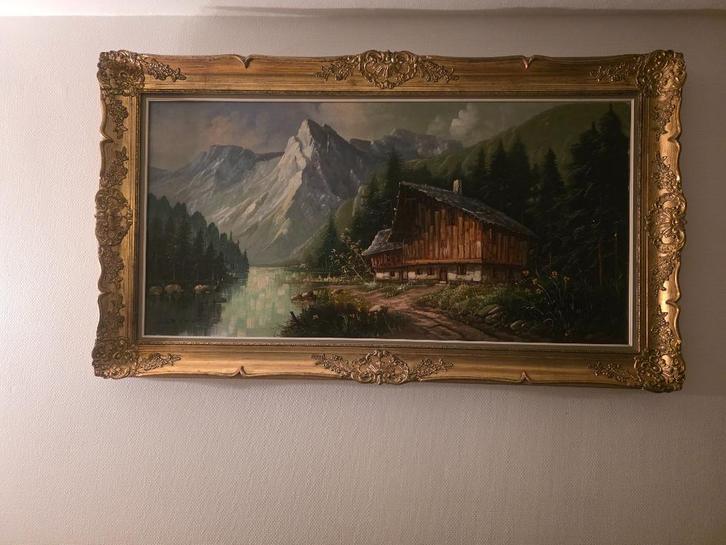 Groot Alpenlandschap schilderij met gouden lijst 138x80 cm, Antiek en Kunst, Kunst | Schilderijen | Klassiek, Ophalen