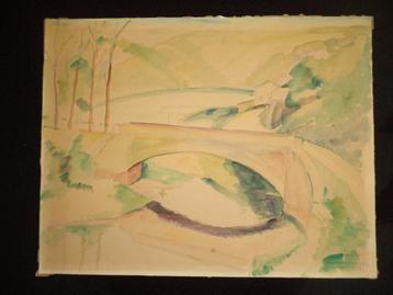 pastel aquarelle Esch-sur-Sûre, LAURA TURNER, pont paysage disponible aux enchères