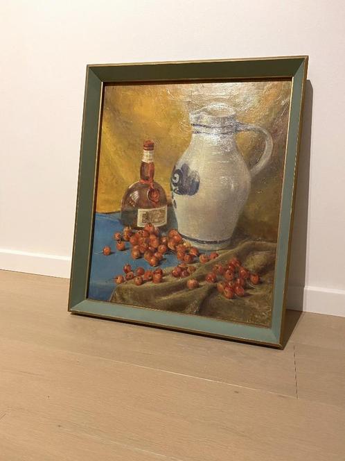 Olieverfschilderij stil leven - met kruik, fles en kersen, Auto diversen, Autoradio's, Gebruikt, Ophalen
