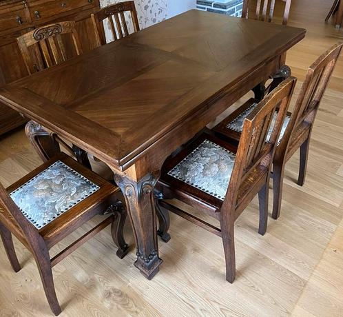 Uitschuifbare antieke Art Nouveau tafel met 8 stoelen, Antiek en Kunst, Antiek | Meubels | Tafels, Ophalen
