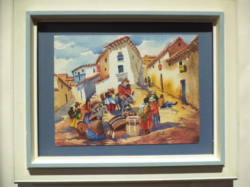 ca1970 Zuid-Amerikaanse geanimeerde dorpsscène Peru Mexico, Antiek en Kunst, Kunst | Schilderijen | Modern, Ophalen