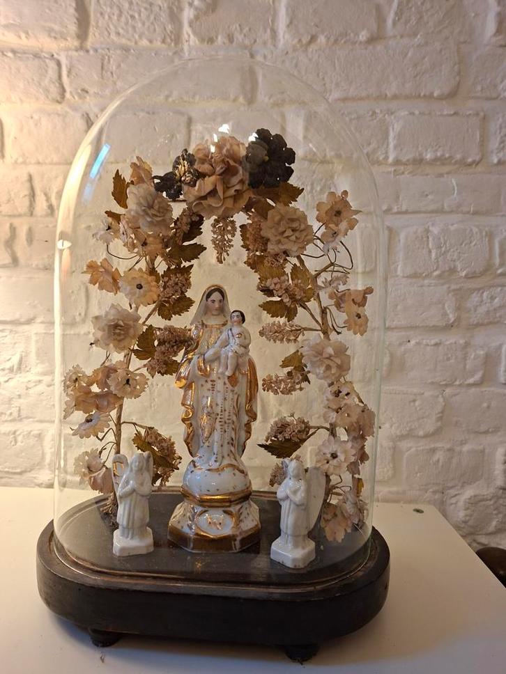 Cloche ancienne avec Marie, anges et couronne de fleurs arti, Antiquités & Art, Curiosités & Brocante, Enlèvement