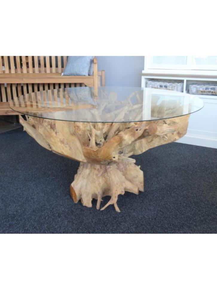 AFHAALACTIE! Teak Worteltafel met glasplaat 130cm rond, Huis en Inrichting, Tafels | Eettafels, Nieuw, 100 tot 150 cm, 100 tot 150 cm
