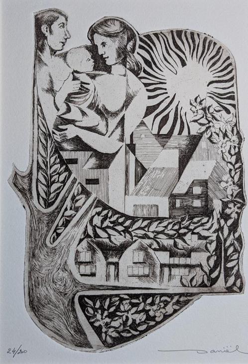 ets onbekende kunstenaar - gesigneerd daniël - gezin, Antiek en Kunst, Kunst | Etsen en Gravures, Ophalen of Verzenden