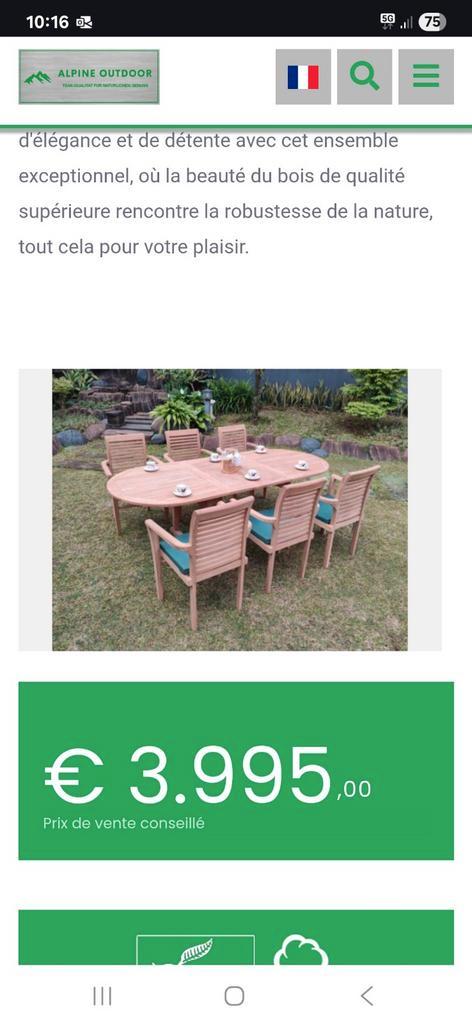 Ensemble de jardin en teck massif – Table extensible + 6 cha, Jardin & Terrasse, Accessoires mobilier de jardin, Comme neuf, Enlèvement