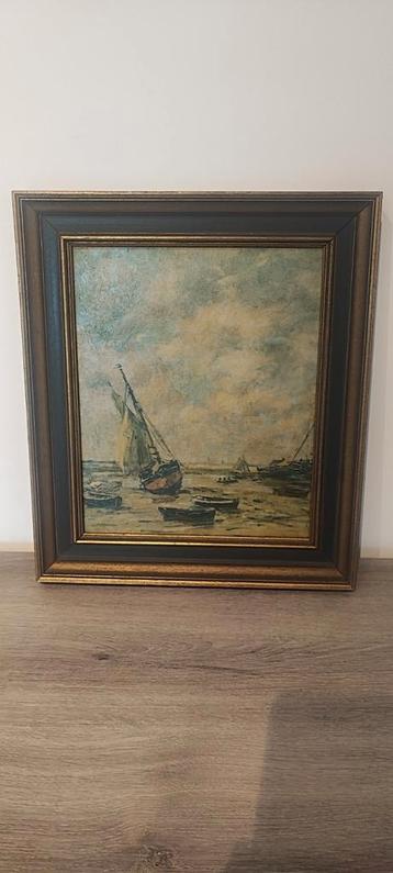 Oud schilderij op doek vissersboot gestrand in Trouville beschikbaar voor biedingen