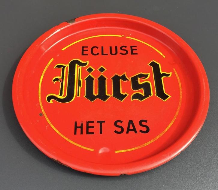 Bierplateau emaille, dienblad Ecluse, Fürst, Het Sas, Verzamelen, Biermerken, Gebruikt, Reclamebord, Plaat of Schild, Overige merken