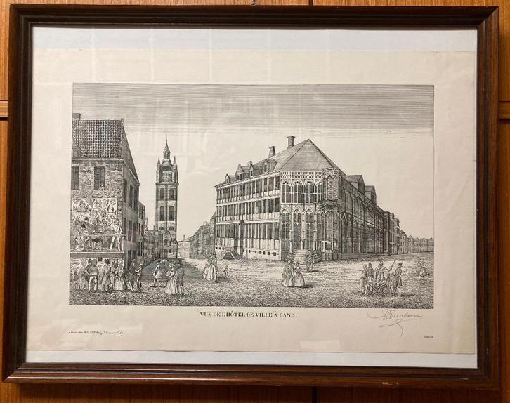 Botermarkt met Belfort en Stadhuis van Gent, Antiek en Kunst, Kunst | Etsen en Gravures, Ophalen