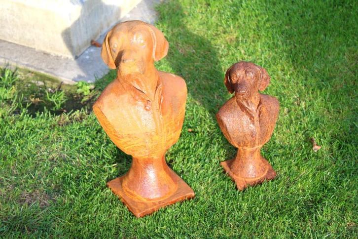 Buste hond in roestig gietijzeren pak model XL., Tuin en Terras, Tuinwanddecoratie, Nieuw, Ophalen